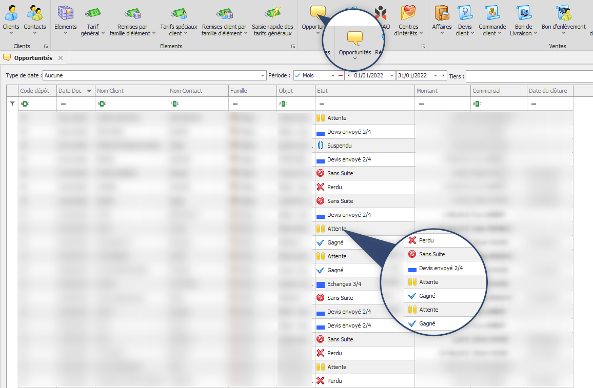 CRM avec état d'avancement