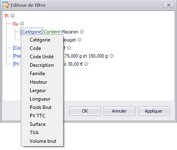 Editeur de filtres logiciel de gestion par affaire Biloba, ERP Biloba
