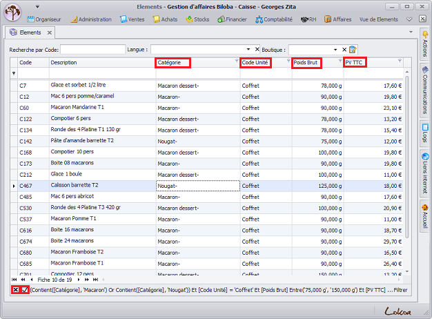 Editeur de filtres logiciel de gestion par affaire Biloba, ERP Biloba