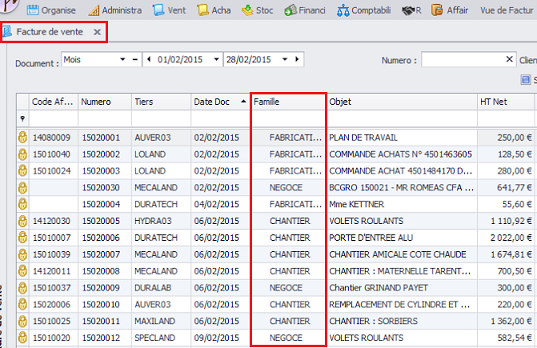 Familles de vente, logiciel de gestion par affaire Biloba, ERP Biloba