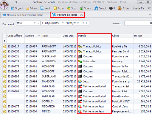 Familles de vente, logiciel de gestion par affaire Biloba, ERP Biloba