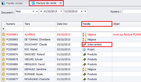 Familles de vente, logiciel de gestion par affaire Biloba, ERP Biloba