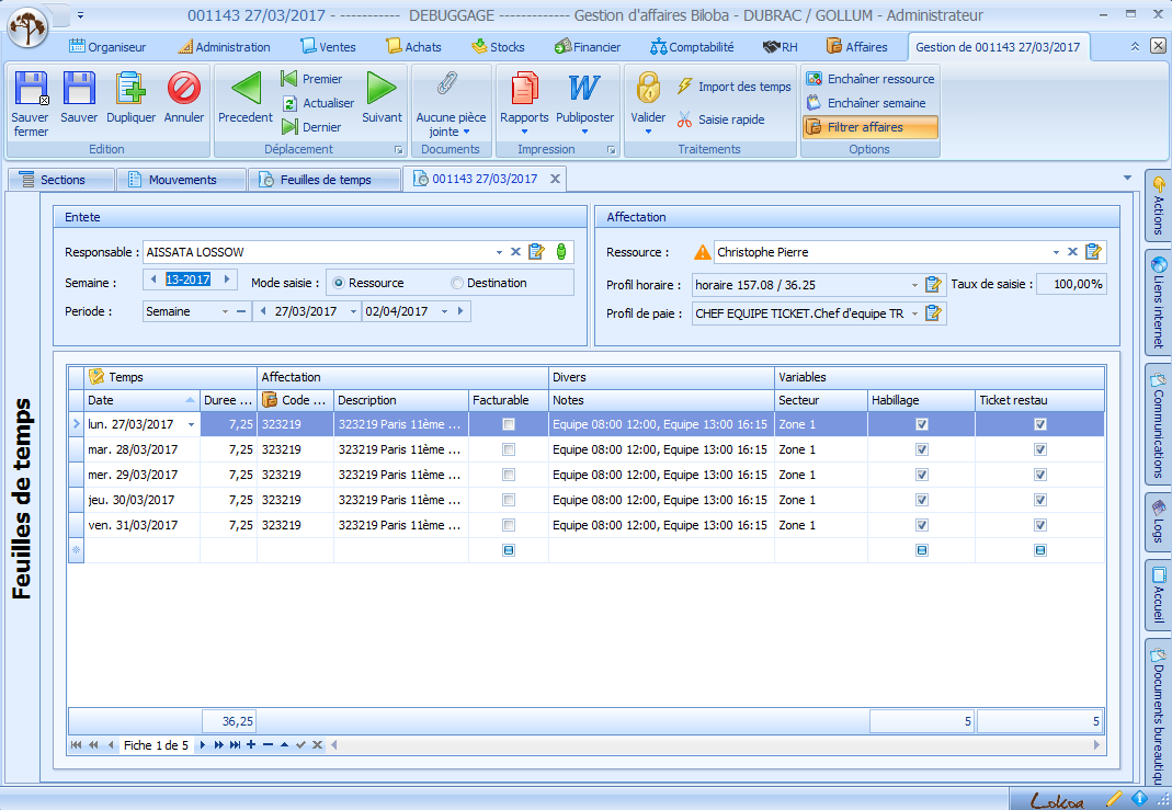 Suivi des temps et préparation de la paie ERP Biloba