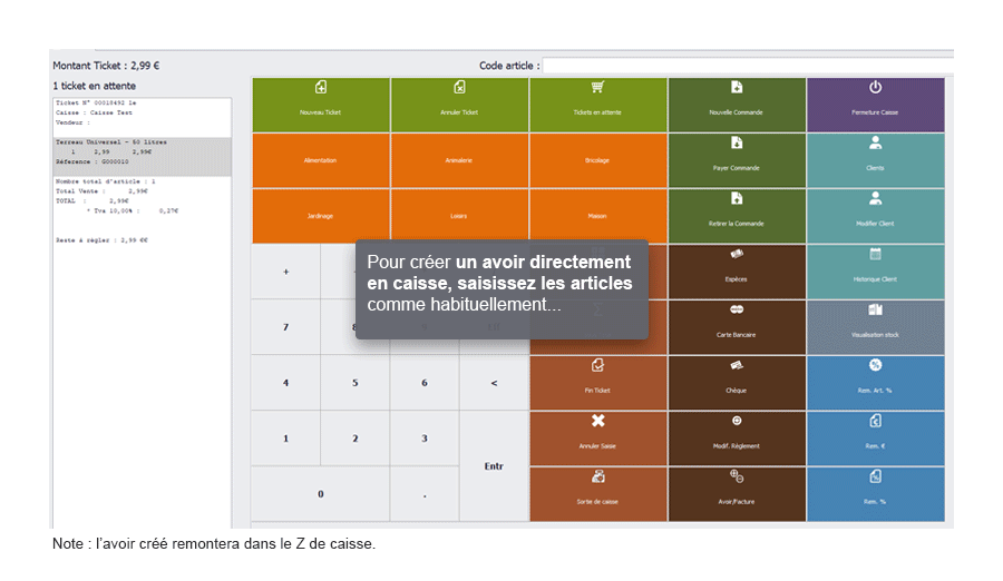 Capture d'écran Biloba : Créer et rembourser un avoir directement en caisse