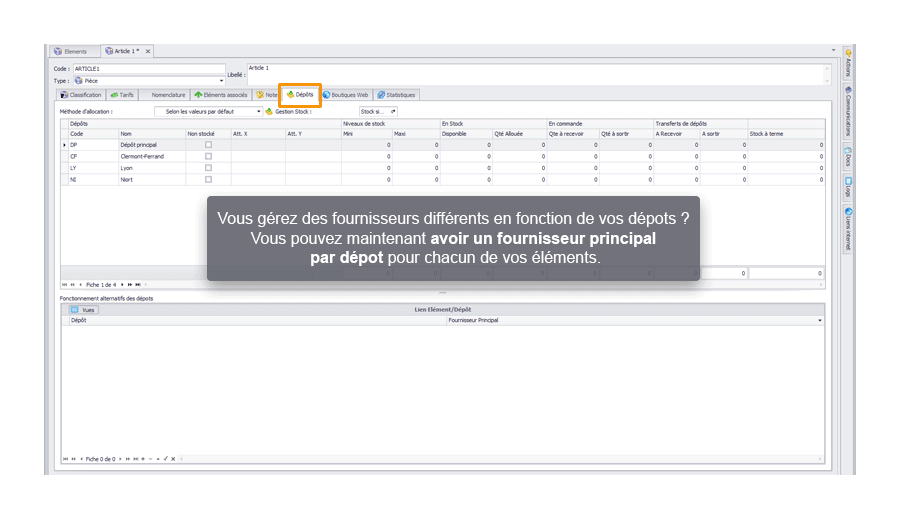 Capture d'écran Biloba : Gestion des fournisseurs par dépôt