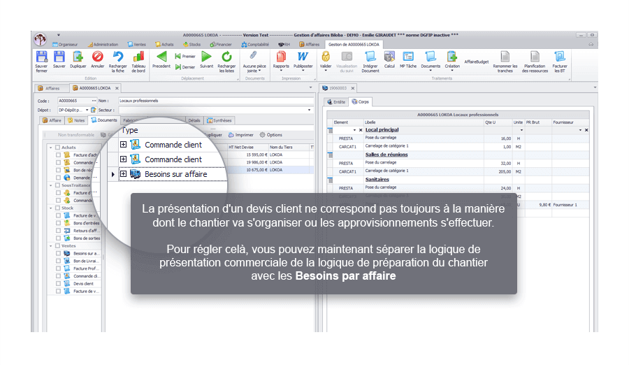 Capture d'écran Biloba : Nouveau document pour gérer les besoins d'affaires