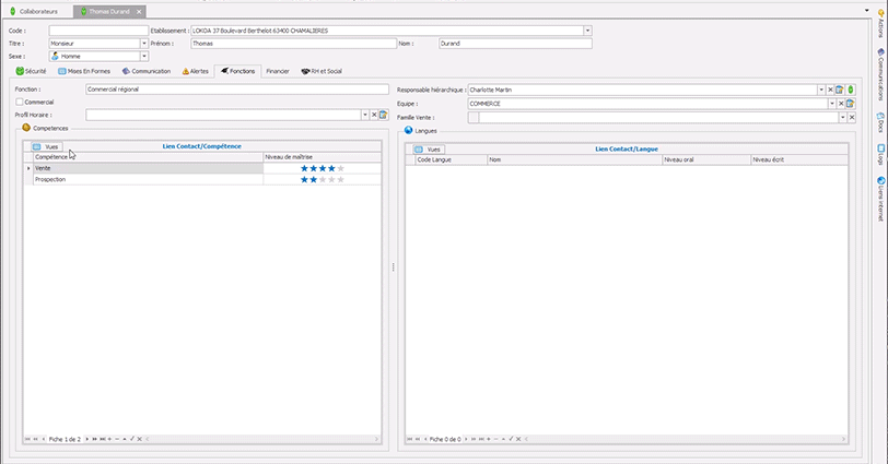 Capture d'écran Biloba : Gestion des compétences des collaborateurs
