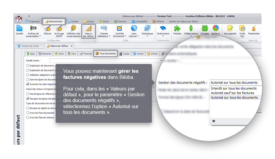 Capture d'écran Biloba : Gestion des factures négatives