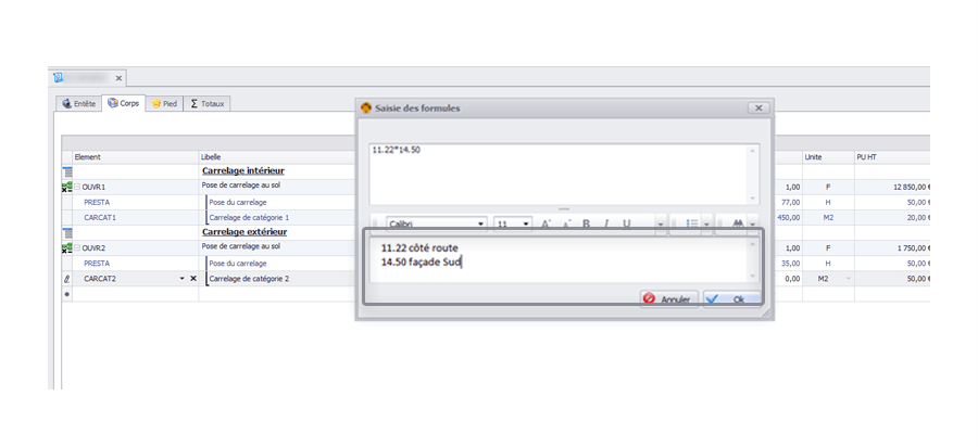 Capture d'écran Biloba : zone mémo dans les quantités des documents de vente