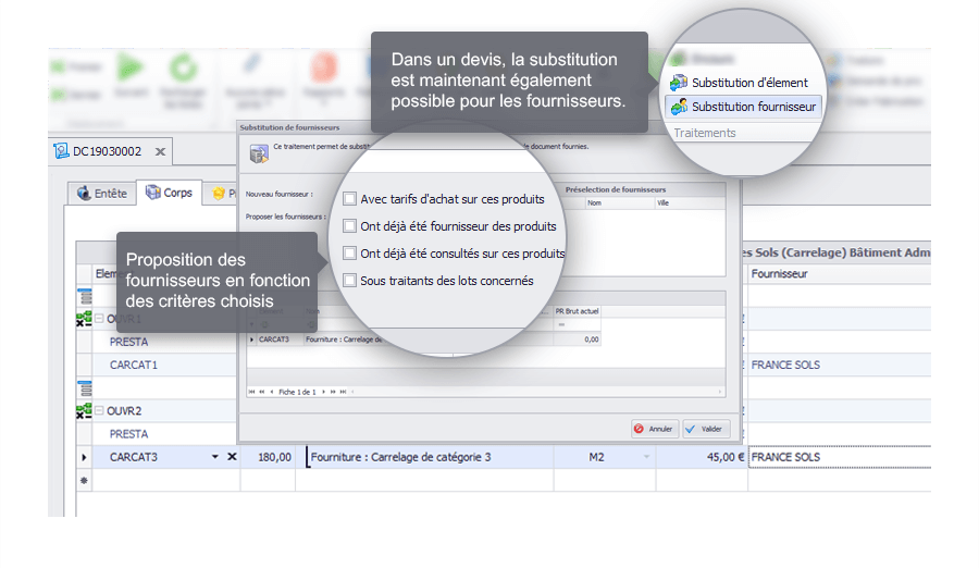 Capture d'écran Biloba : Devis : substitution fournisseur