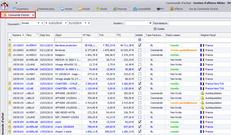 Module gestion des achats, logiciel de gestion par affaire Biloba, ERP Biloba