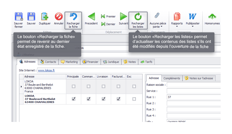 Capture d'écran Biloba : nouveaux boutons sur les fiches de gestion