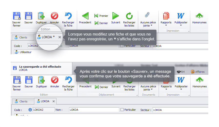 Capture d'écran Biloba : sauvegarde d'une fiche de gestion