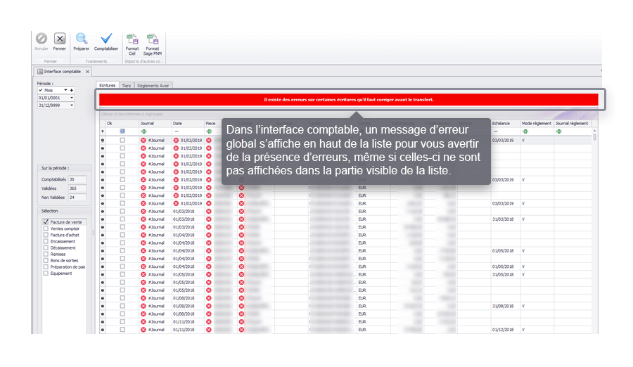 Capture d'écran Biloba : Affichage des erreurs de l'interface comptable