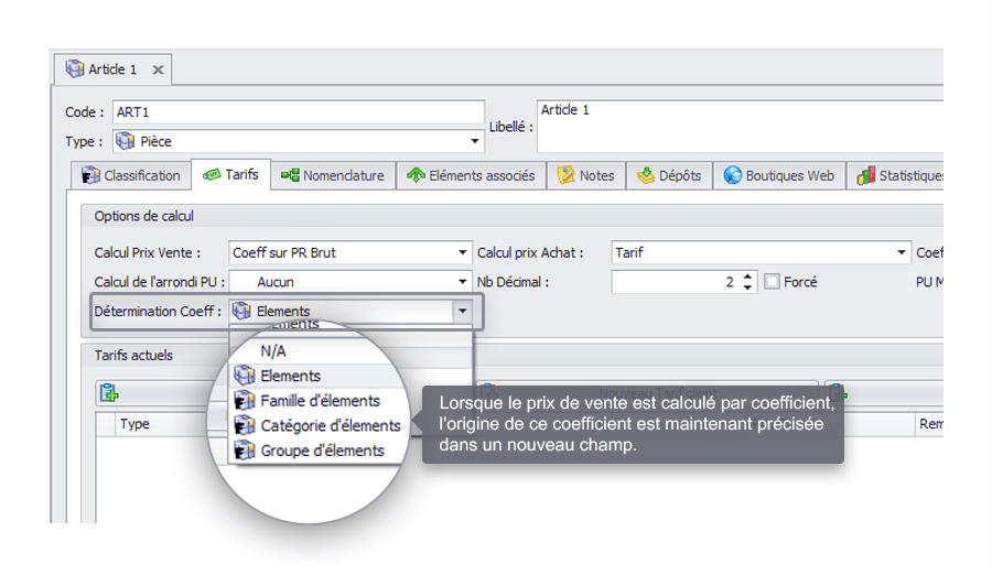 Capture d'écran Biloba : gestion des tarifs de vente d'éléments par coefficient