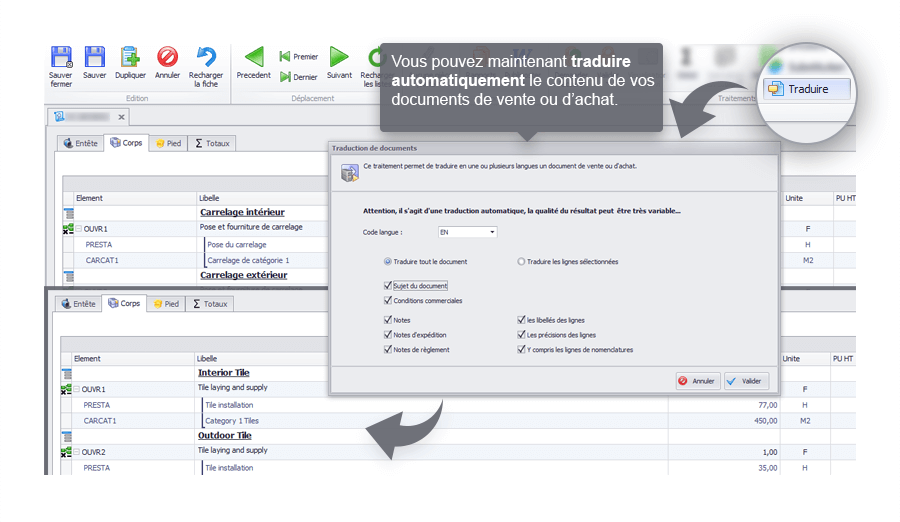 Capture d'écran Biloba : Traduction automatique dans les documents de vente et d'achat