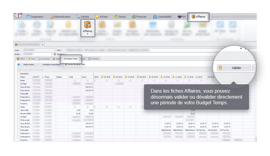 Capture d'écran Biloba : validation des périodes de budget temps dans la fiche affaire