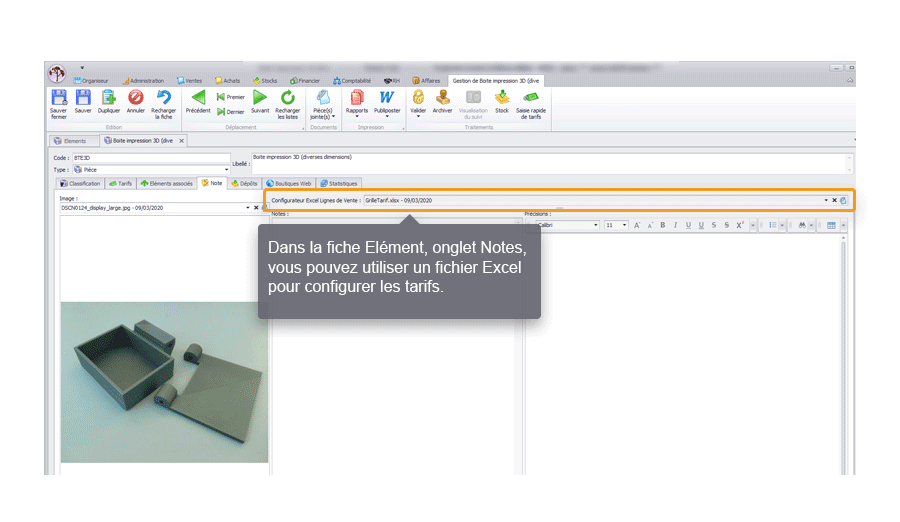 Capture d'écran Biloba : Utilisation d'un configurateur de tarif Excel