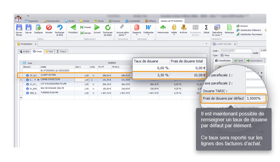 Capture d'écran Biloba : Ajout d'un taux de douane par défaut par élément