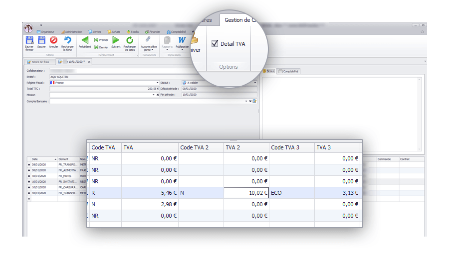 Capture d'écran Biloba : Ajout de la gestion multitaux des lignes de vos notes de frais
