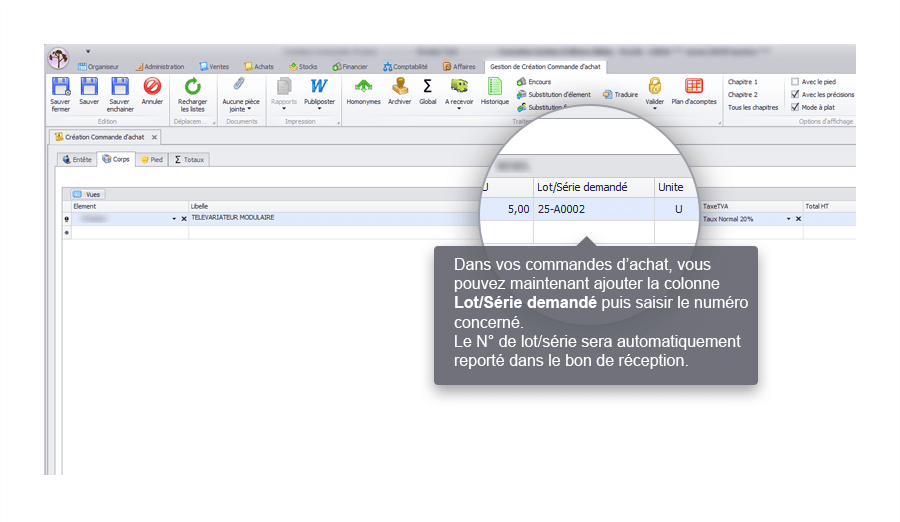 Capture d'écran Biloba : Saisie d'un numéro de lot/série demandé dès la commande d'achat