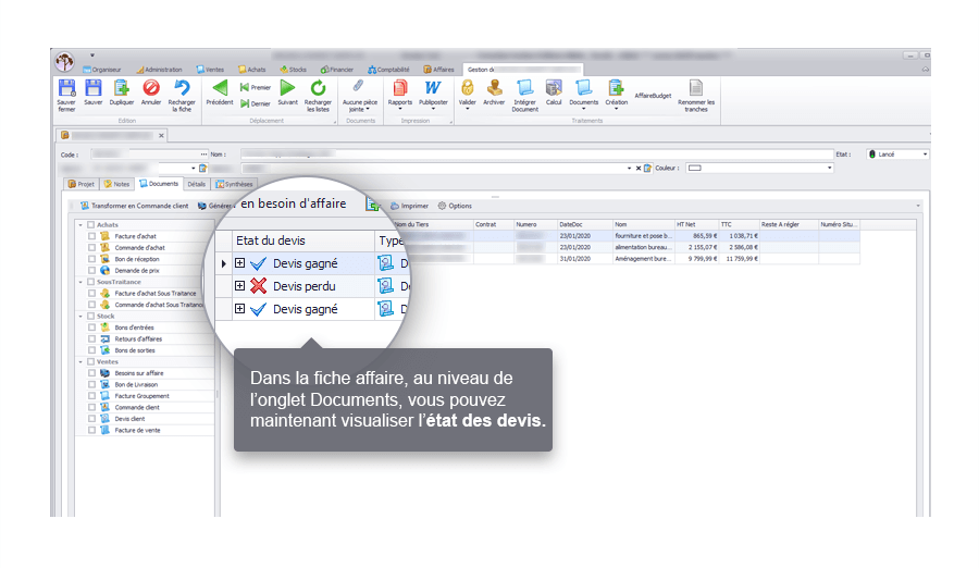 Capture d'écran Biloba : Suivi de vos affaires avec l'affichage des statuts des devis