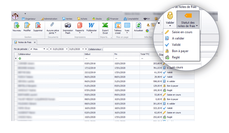 Capture d'écran Biloba : Gestion des statuts des notes de frais
