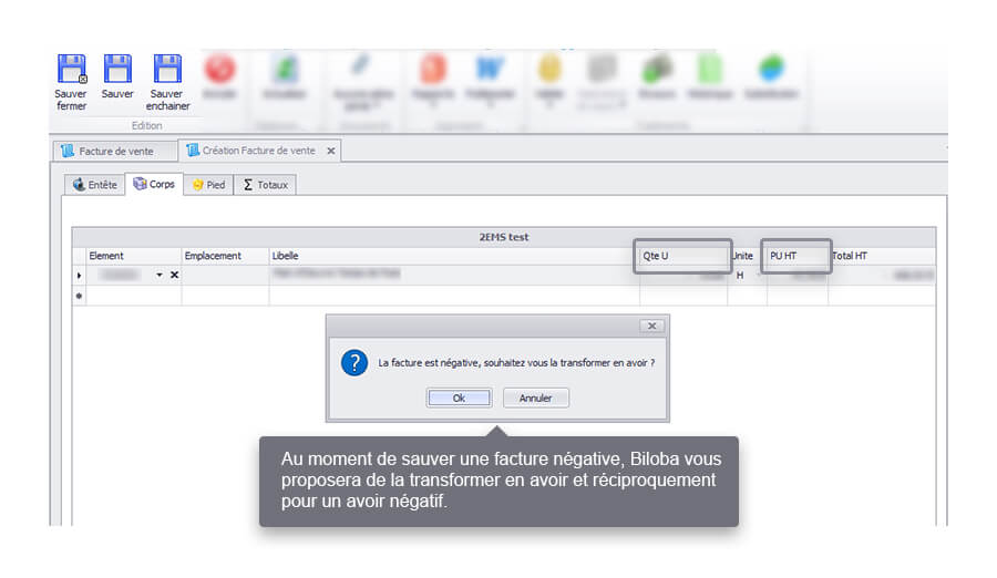 Capture d'écran Biloba Facture négative