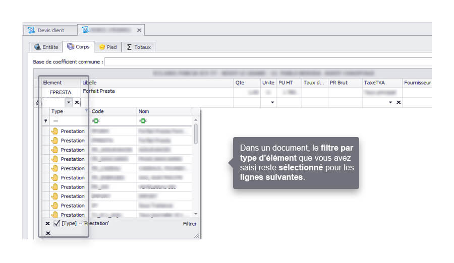 Capture d'écran Biloba filtre par type d'élément 