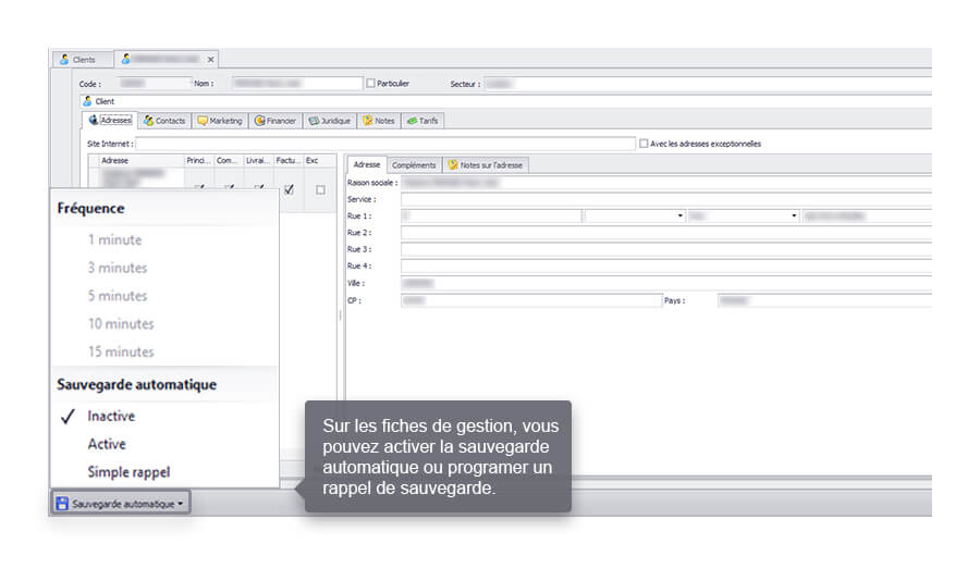 Capture d'écran Biloba : Fiche client avec sauvegarde automatique