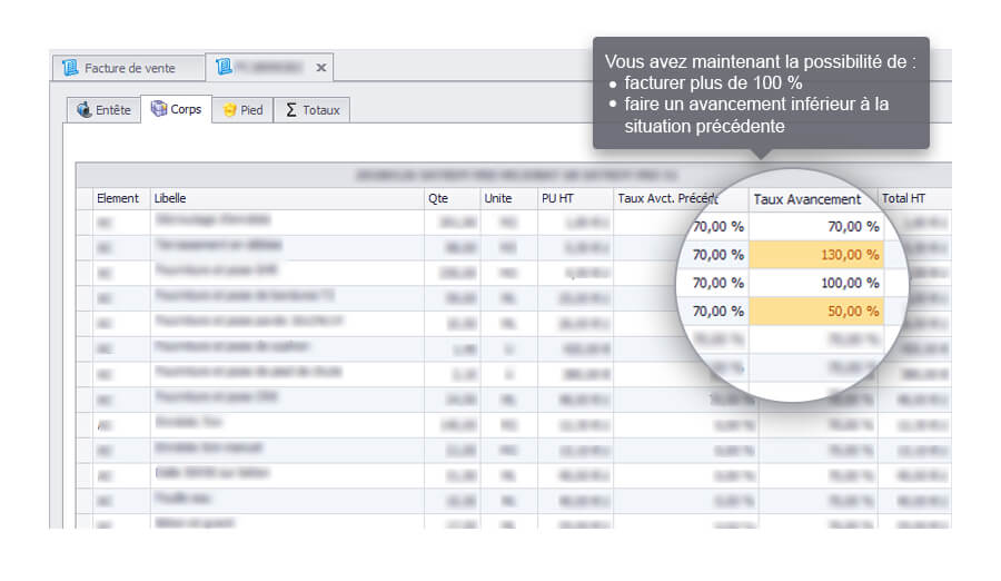 Capture d'écran Biloba Facturation à l'avancement