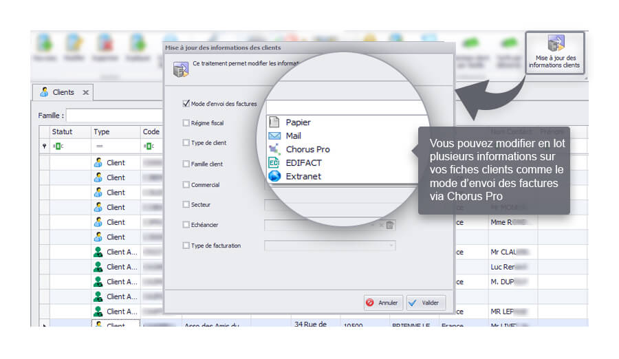 Capture d'écran Biloba : clients mise à jour des informations en lot