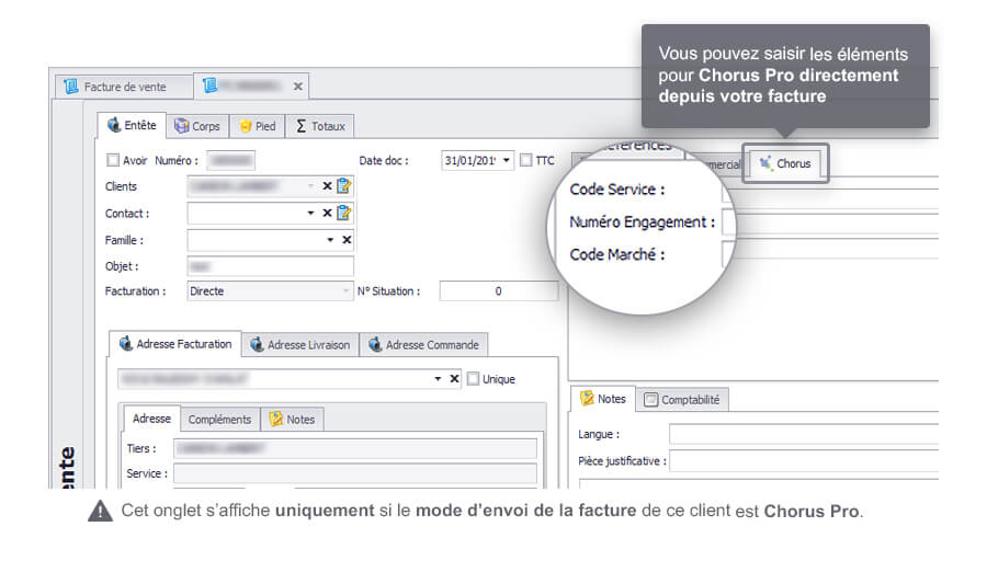 Capture d'écran Biloba Factures : références Chorus Pro