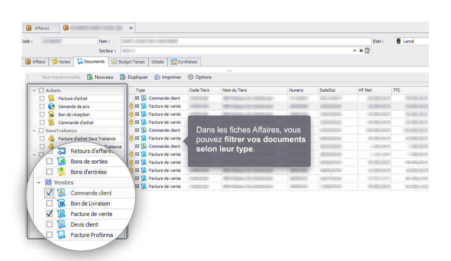 Capture d'écran Biloba sur le nouveau panneau fitlre sur les types de documents