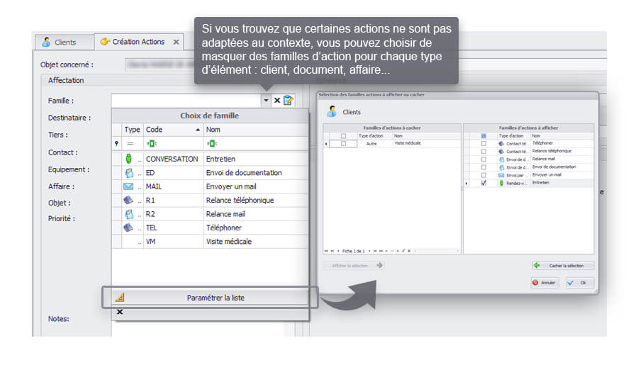 Capture d'écran Biloba : Actions : gestion de la liste des familles