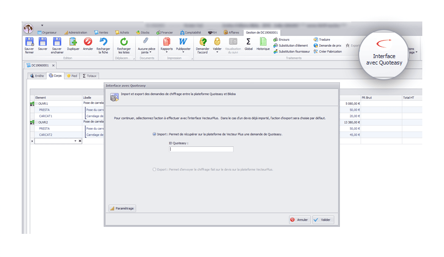 Capture d'écran Biloba : connexion avec l'outil Quoteasy